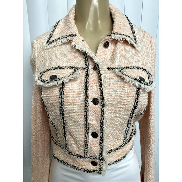 Veronica Beard Vita Tweed Jacket Pale Pink Crop Black Trim Button Fringe 2 XS - Picture 4 of 11